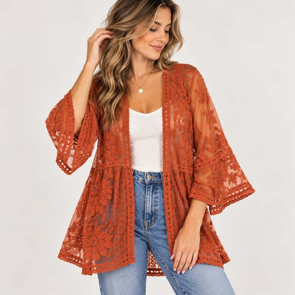 Entro Burnt Orange Embroidered Mesh Kimono S Texas Longhorns Gameday Boho
